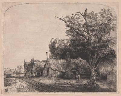 Paisaje con tres cabañas de tejado a dos aguas junto a un camino de Rembrandt van Rijn