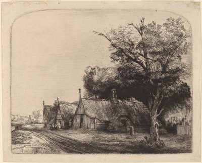 Paisaje con Tres Casas de Techo a Dos Aguas junto a un Camino de Rembrandt van Rijn