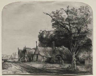 Paisaje con tres cabañas de tejado a dos aguas junto a un camino, 1650 de Rembrandt van Rijn