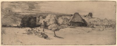 Paisaje con árboles, edificios de granja y una torre de Rembrandt van Rijn