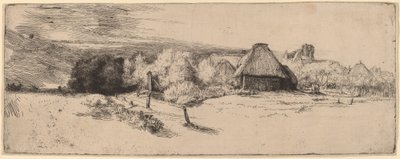 Paisaje con árboles, edificios de granja y una torre de Rembrandt van Rijn