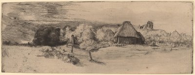 Paisaje con árboles, edificios de granja y una torre de Rembrandt van Rijn