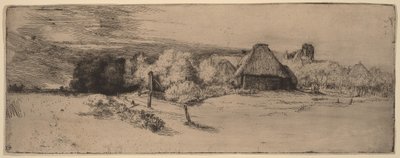 Paisaje con árboles, edificios agrícolas y una torre de Rembrandt van Rijn