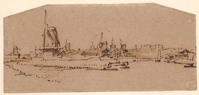 Paisaje con molinos de viento en un canal al oeste de Ámsterdam de Rembrandt van Rijn