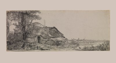 paisaje con una cabaña y un gran árbol de Rembrandt van Rijn