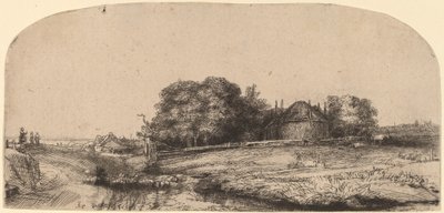 Paisaje con un granero de heno y un rebaño de ovejas de Rembrandt van Rijn