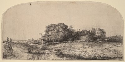 Paisaje con un granero de heno y un rebaño de ovejas de Rembrandt van Rijn