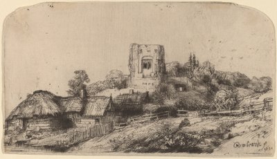 Paisaje con una torre cuadrada de Rembrandt van Rijn