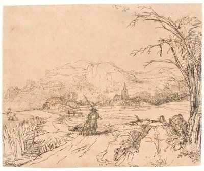 Paisaje con un deportista y unos perros de Rembrandt van Rijn