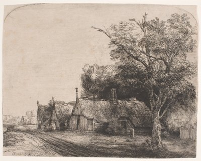 Paisaje con tres casas con hastiales junto a un camino de Rembrandt van Rijn