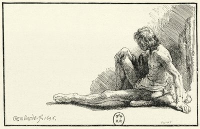Desnudo masculino, sentado en el suelo de Rembrandt van Rijn