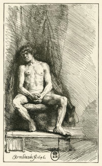 Desnudo masculino, sentado de Rembrandt van Rijn