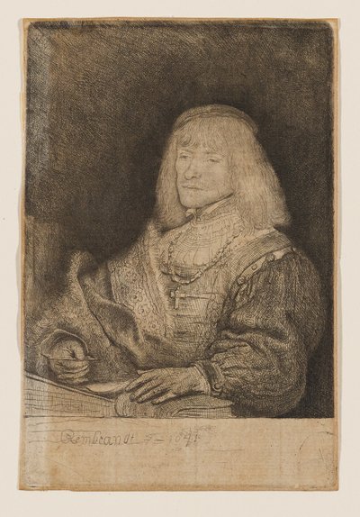 Hombre sentado en un escritorio, con una cruz y una cadena de Rembrandt van Rijn