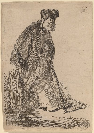 Hombre con abrigo y gorro de piel apoyado en un banco de Rembrandt van Rijn