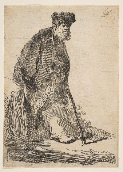 Hombre con abrigo y gorra de piel apoyado en un banco, ca. 1630 de Rembrandt van Rijn