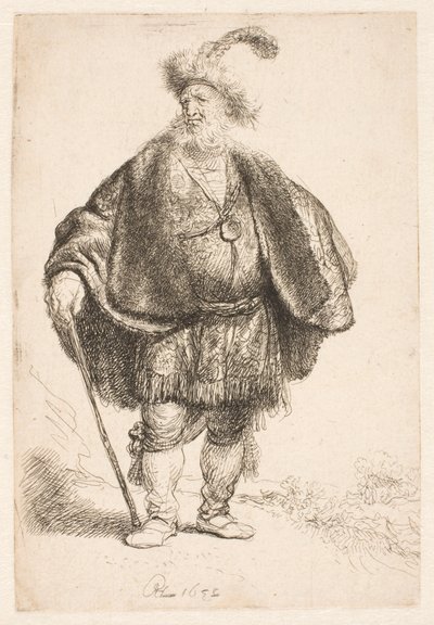 Hombre de pie con traje oriental y gorro de piel con plumas de Rembrandt van Rijn