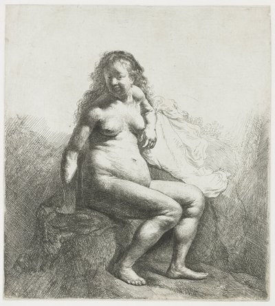Mujer desnuda en un montículo de Rembrandt van Rijn