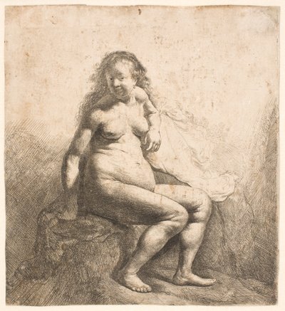 Mujer desnuda sentada en un montículo de Rembrandt van Rijn