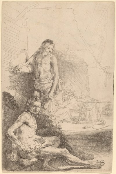 Hombre Desnudo Sentado y Hombre Desnudo de Pie, con una Mujer y un Bebé en el Fondo de Rembrandt van Rijn