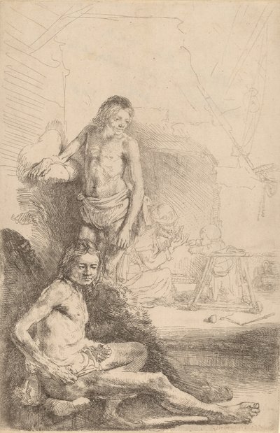 Hombre desnudo sentado y hombre desnudo de pie, con una mujer y un bebé en el fondo, c. 1646 de Rembrandt van Rijn