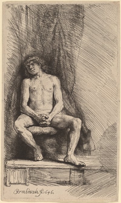Hombre Desnudo Sentado ante una Cortina de Rembrandt van Rijn