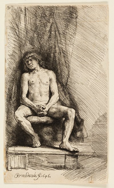 Hombre desnudo sentado frente a una cortina de Rembrandt van Rijn