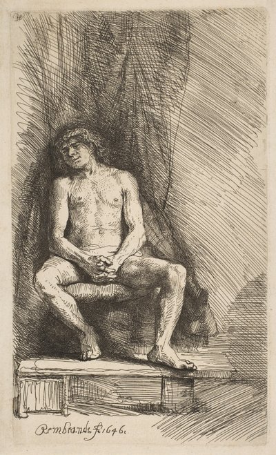 Hombre desnudo sentado frente a una cortina, 1646 de Rembrandt van Rijn