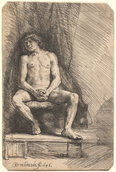Hombre desnudo sentado ante una cortina (BB.46-Bi) de Rembrandt van Rijn