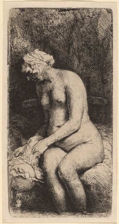 Desnudo sentado en un banco con una almohada (Mujer bañando sus pies en un arroyo) de Rembrandt van Rijn