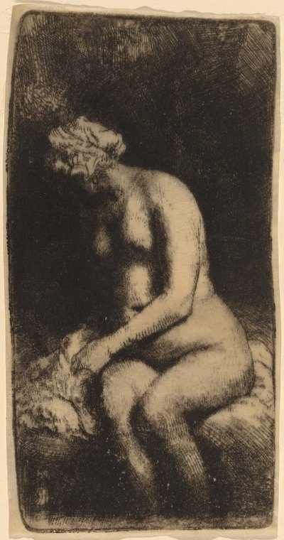 Desnudo sentado en un banco con una almohada (Mujer bañando sus pies en un arroyo) de Rembrandt van Rijn