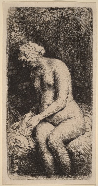Desnuda sentada en un banco con un cojín (Mujer lavándose los pies en un arroyo) de Rembrandt van Rijn