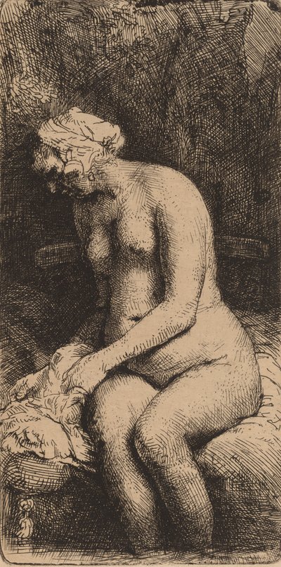 Desnudo sentado en un banco con una almohada Mujer bañando sus pies en un arroyo, 1658 de Rembrandt van Rijn