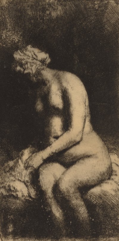 Desnudo sentado en un banco con una almohada, mujer bañando sus pies en un arroyo, 1658 de Rembrandt van Rijn