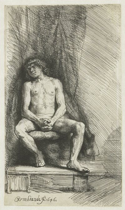 Joven desnudo, sentado ante una cortina Hombre desnudo sentado ante una cortina de Rembrandt van Rijn