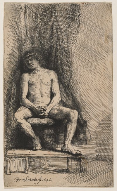 Joven desnudo sentado ante una cortina de Rembrandt van Rijn