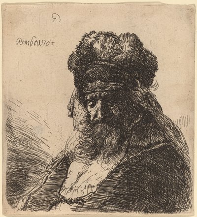 Viejo barbudo con un gorro de piel alto, con los ojos cerrados de Rembrandt van Rijn