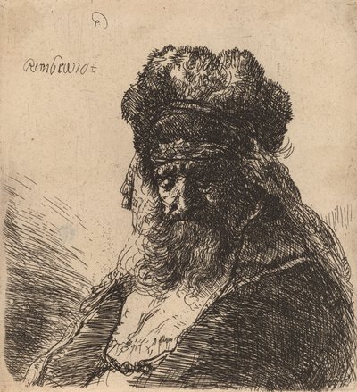 Viejo Barbudo con Gorro de Piel Alto, con los Ojos Cerrados, c. 1635 de Rembrandt van Rijn