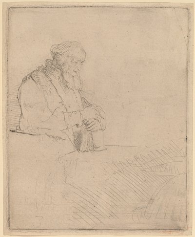 Viejo en meditación, apoyado en un libro de Rembrandt van Rijn