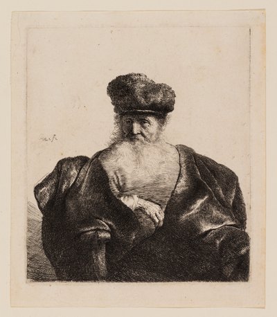 Viejo con Barba, Gorro de Piel y Capa de Terciopelo de Rembrandt van Rijn