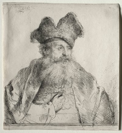 Viejo con un Gorro de Piel Dividido de Rembrandt van Rijn