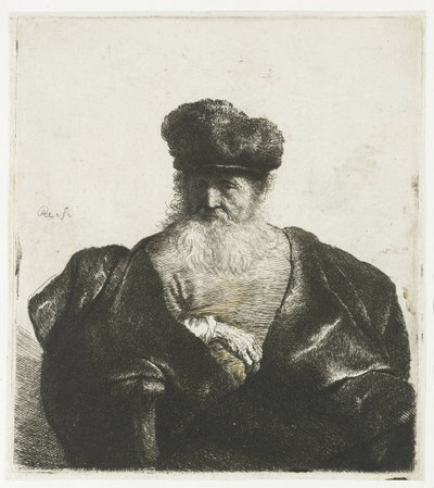 Anciano con barba, gorro de piel y capa de terciopelo de Rembrandt van Rijn