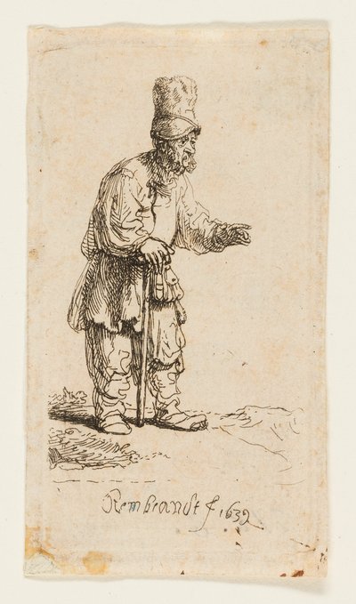 Campesino con un Gorro Alto, Apoyado en un Bastón de Rembrandt van Rijn
