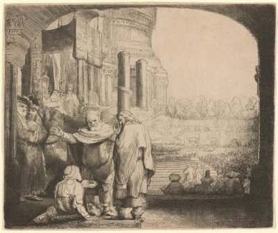 Pedro y Juan sanando al lisiado en la puerta del templo de Rembrandt van Rijn