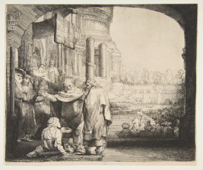 Pedro y Juan curando al lisiado en la puerta del templo de Rembrandt van Rijn