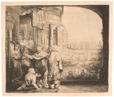 Pedro y Juan sanando al lisiado en la puerta del templo de Rembrandt van Rijn