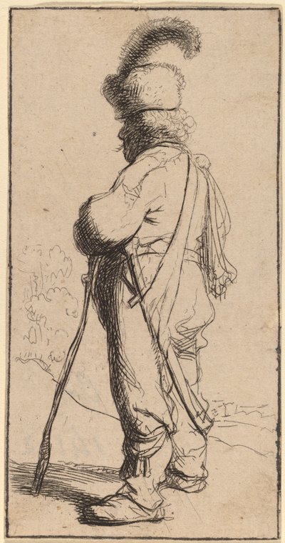 Polaco apoyado en un bastón de Rembrandt van Rijn