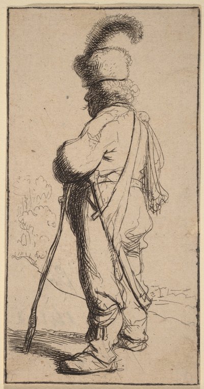 Polaco apoyado en un bastón de Rembrandt van Rijn