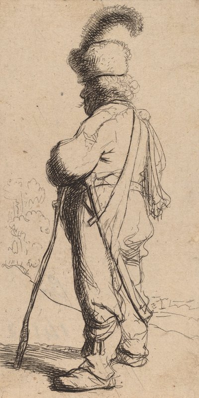 Polaco apoyado en un bastón de Rembrandt van Rijn