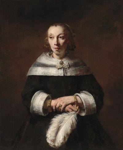 Retrato de una dama con un abanico de plumas de avestruz de Rembrandt van Rijn