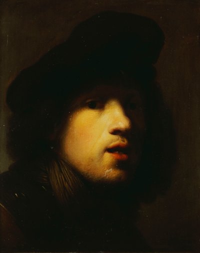 Retrato del Artista, Cabeza y Hombros, con una Boina Negra y un Gorjal de Rembrandt van Rijn